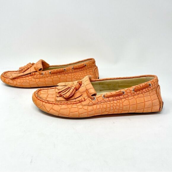 BOEMOS Orange Nubuck Croc Embossed Tassel Loafer Driving Moccasins Size 37 - Picture 4 of 11